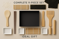 完整产品与礼品价值	构图： 俯拍，将所有 9 个工具整齐地摆放在一个打开的精致礼品盒周围。在背景中可以放置一些寿司原料（米饭、海苔）暗示用途。文字： 简洁标注 "Complete 9-Piece Set" and "Ideal Gift."	零售吸引力，高价值礼品套装。