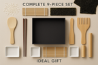 完整产品与礼品价值	构图： 俯拍，将所有 9 个工具整齐地摆放在一个打开的精致礼品盒周围。在背景中可以放置一些寿司原料（米饭、海苔）暗示用途。文字： 简洁标注 "Complete 9-Piece Set" and "Ideal Gift."	零售吸引力，高价值礼品套装。
