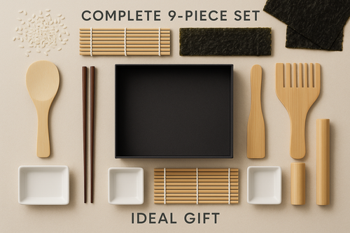 完整产品与礼品价值	构图： 俯拍，将所有 9 个工具整齐地摆放在一个打开的精致礼品盒周围。在背景中可以放置一些寿司原料（米饭、海苔）暗示用途。文字： 简洁标注 "Complete 9-Piece Set" and "Ideal Gift."	零售吸引力，高价值礼品套装。