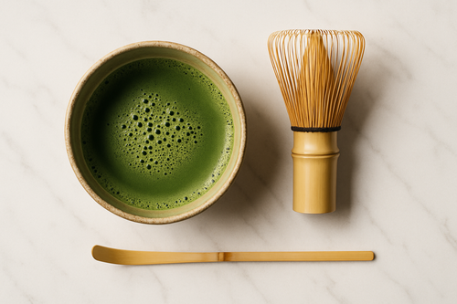 使用场景与套装潜力	构图： 俯拍。将抹茶碗与一支竹筅、一把竹勺并排放在一张浅色大理石桌（暗示您的另一产品线）上。风格： 聚焦于仪式感，强调它是“套装”的一部分，而非单一产品。	提升 AOV (Average Order Value) 的捆绑潜力
