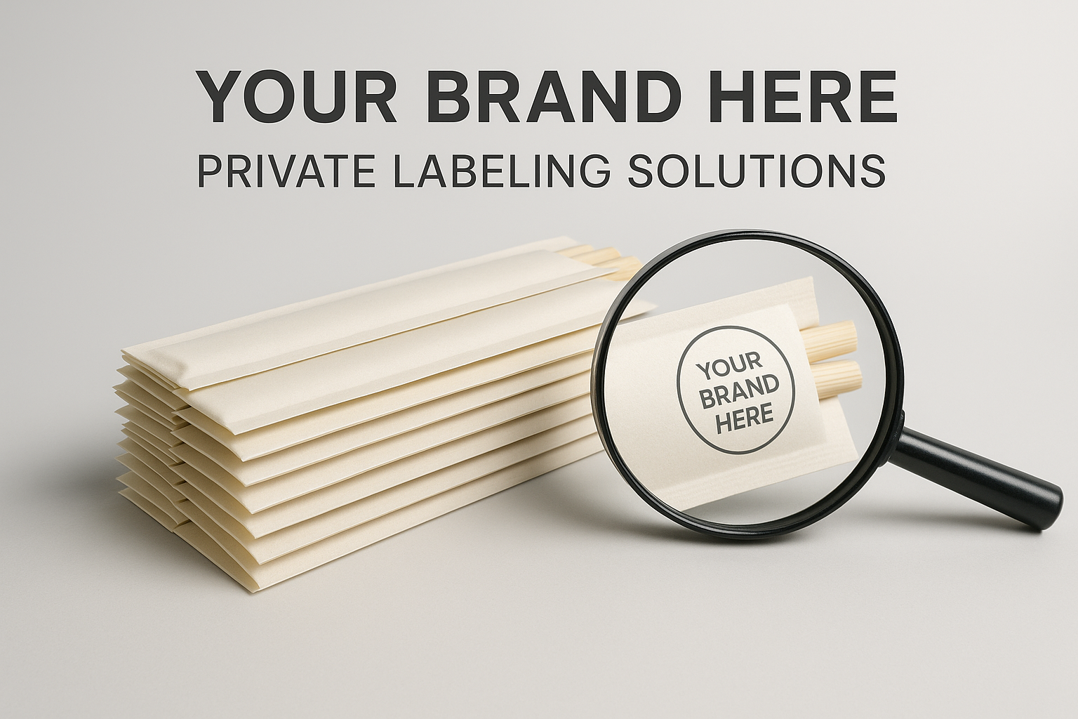 包装与品牌定制图	构图： 堆叠整齐的一摞带有品牌 Logo 印刷的竹筷纸套，旁边放置一个放大镜，焦点聚焦在纸套上的 Logo 区域。辅助： 放置一个简洁的标语：“Your Brand Here - Private Labeling Solutions.” (风格：商业、解决方案导向)	OEM/ODM 和品牌化服务
