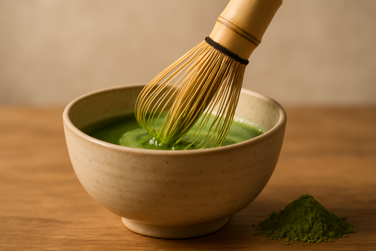 使用场景与品牌故事	构图： 侧面拍摄一支竹筅在一个 QUIET BOWL 仪式茶碗中打抹茶的动态场景。背景柔和，旁边放一小撮抹茶粉。风格： 柔和自然光，强调“仪式感”和“健康生活”的美学。	提升客户的零售叙事，适用于内容营销。